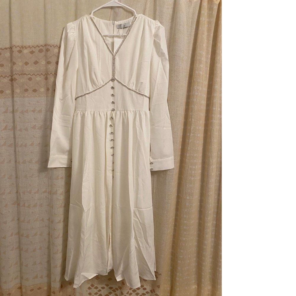 V-NECK BEADED LONG SLEEVE WHITE MIDI DRESS